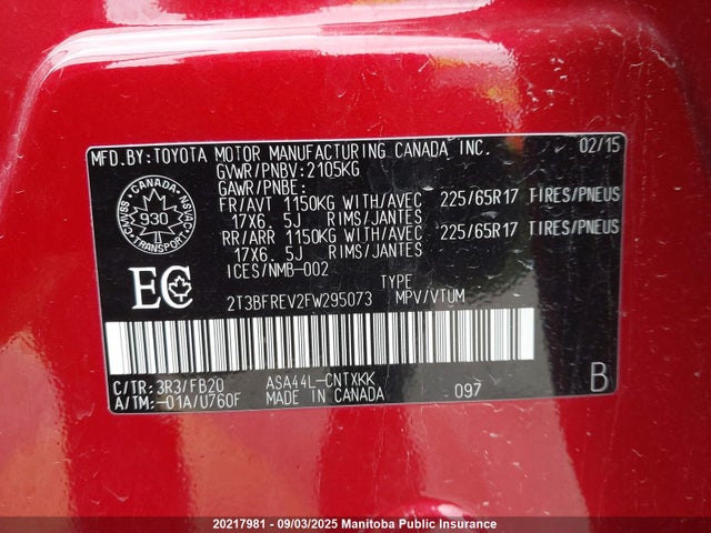 Toyota 2ar-fe 2015 2T3BFREV2FW295073 Image 8