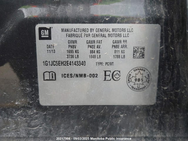 1G1JC5EH2E4143340 Chevrolet luw