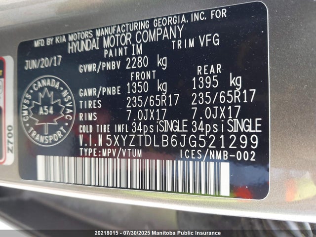 5XYZTDLB6JG521299 Hyundai gdi theta ii