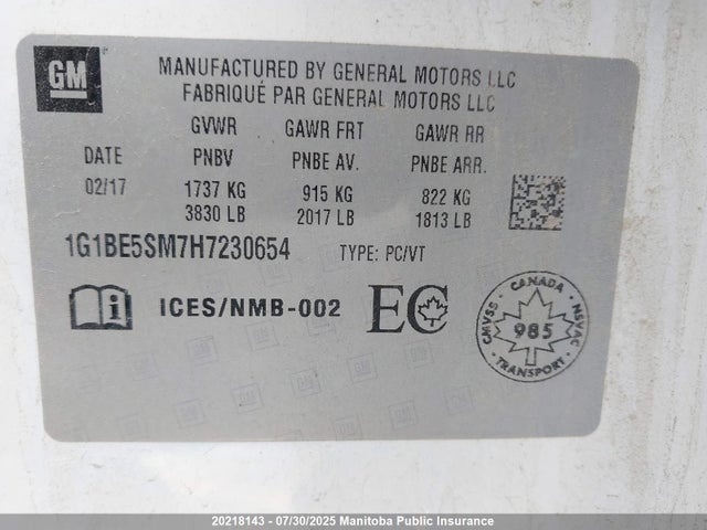 1G1BE5SM7H7230654 Chevrolet le2 -di: direct injection, vvt: variable valve timing, gen, alum