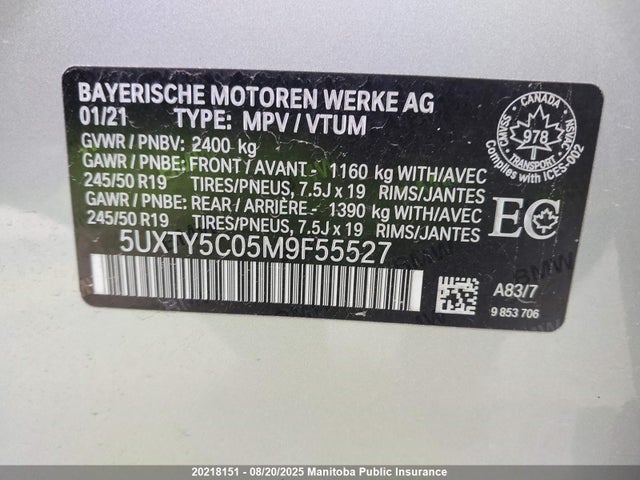 BMW X3 2021 5UXTY5C05M9F55527 Image 9