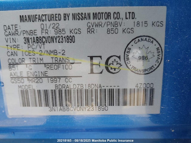 3N1AB8CV0NY231890 Nissan 2022