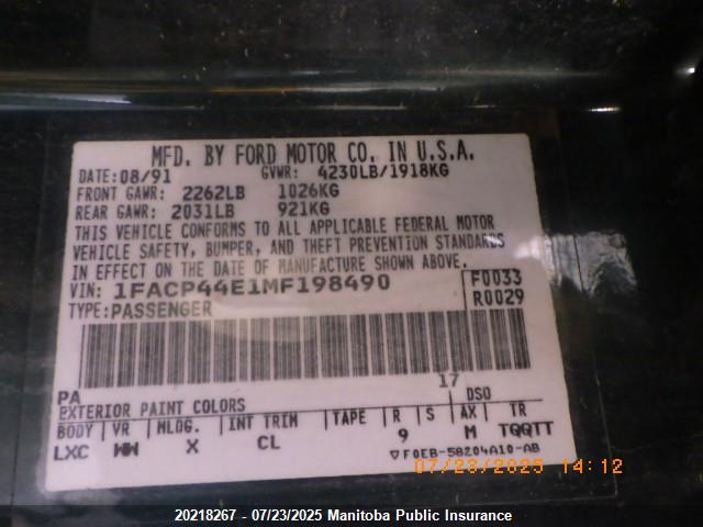 Aukcja sprzedaży 1991 Ford Mustang Lx 5.0l, vin: 1FACP44E1MF198490, numer aukcji: 20218267