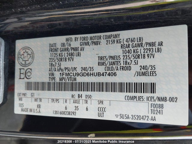 1FMCU9GD6HUB47406 Ford gtdi sigma w/premium fuel