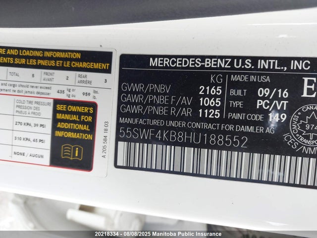 55SWF4KB8HU188552 Mercedes Benz 2017