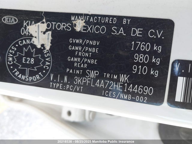 3KPFL4A72HE144690 KIA mpi nu