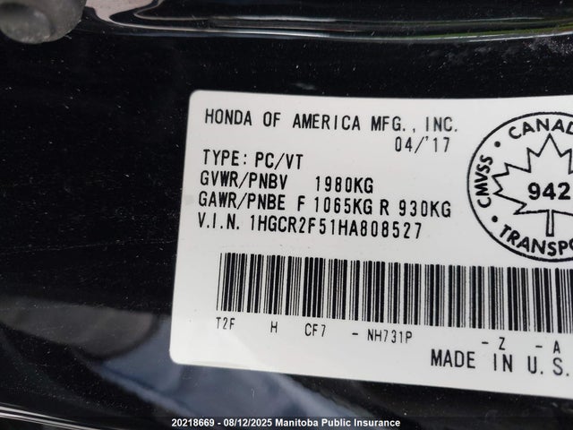 1HGCR2F51HA808527 Honda k24w1