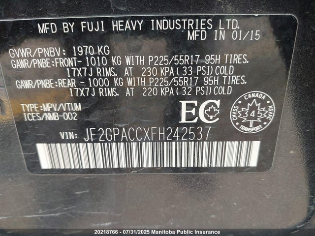 JF2GPACCXFH242537 Subaru 2.0l naturally aapirated