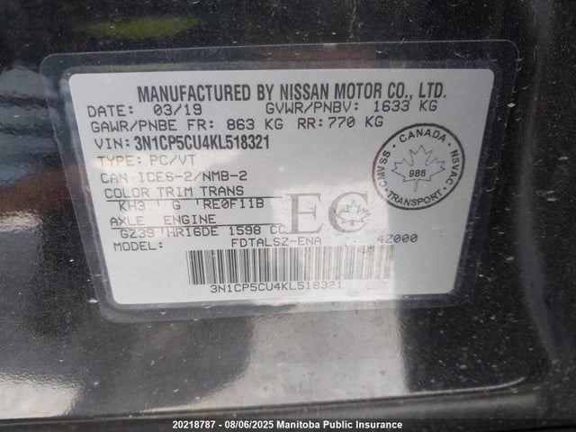 3N1CP5CU4KL518321 Nissan 2019