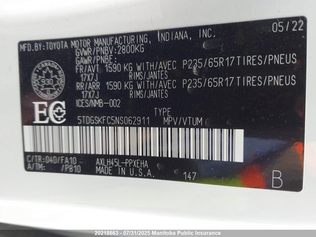 5TDGSKFC5NS062911 Toyota a25a-fxs, 5nm, 4nm