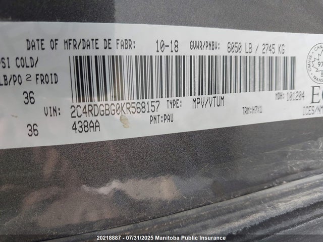 2C4RDGBG0KR568157 Dodge 2019