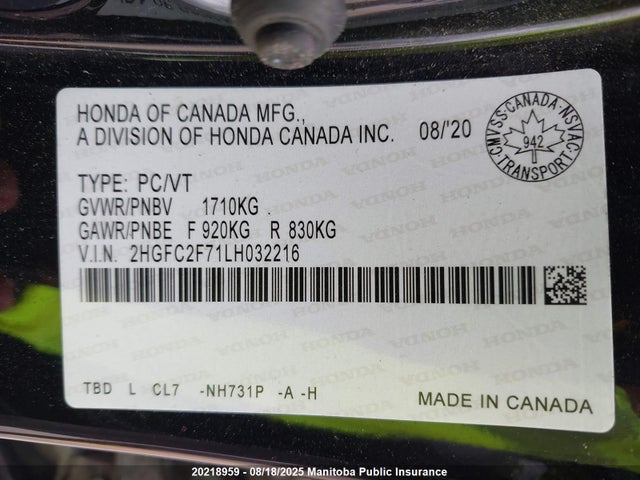 Honda k20c2 2020 2HGFC2F71LH032216 Image 9