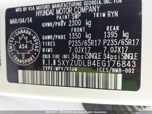 5XYZUDLB4EG176843 Hyundai gdi theta