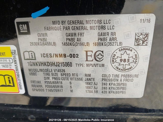 1GNKVHKD9HJ215060 Chevrolet llt - sidi: spark ignited direct injection, alum, 60 degrees
