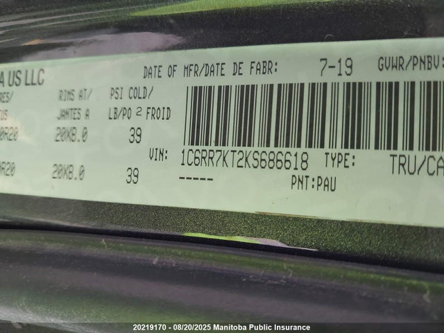 1C6RR7KT2KS686618 Dodge 2019