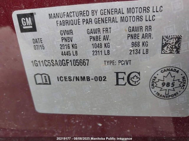1G11C5SA0GF105667 Chevrolet lcv -sidi, dcvcp, vvt, dcvcp, e85 max, e0-e100, aluminum