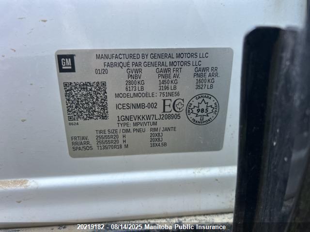 1GNEVKKW7LJ208905 Chevrolet lfy - spark ignited direct injection, atss, gen 1