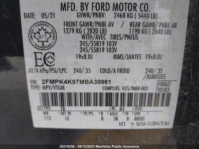 Продажа на аукционе авто 2021 Ford Edge Titanium, vin: 2FMPK4K97MBA30981, номер лота: 20219256