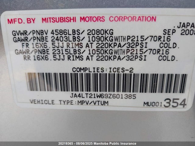 Продаж на аукціоні авто 2009 Mitsubishi Outlander Es, vin: JA4LT21W69Z601385, номер лоту: 20219365