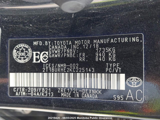 Toyota 2zr-fe 2019 2T1BURHE2KC225143 Image 9