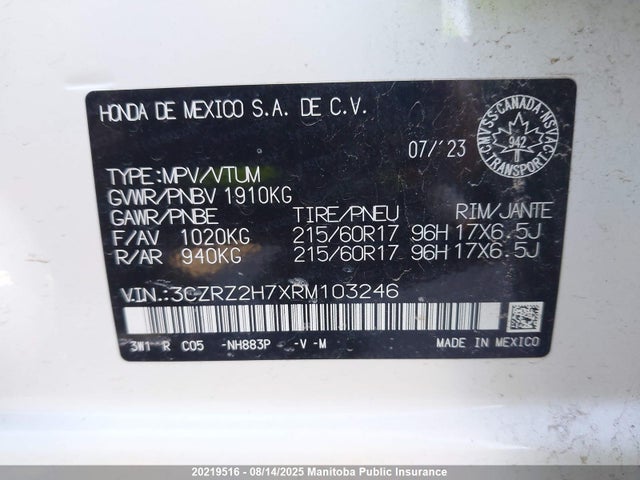 3CZRZ2H7XRM103246 Honda k20z5