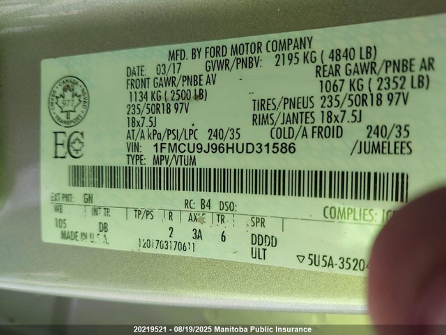 1FMCU9J96HUD31586 Ford 2017