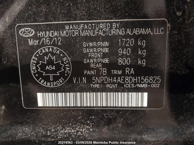 Aukcja sprzedaży 2013 Hyundai Elantra Gl, vin: 5NPDH4AE8DH156825, numer aukcji: 20219563