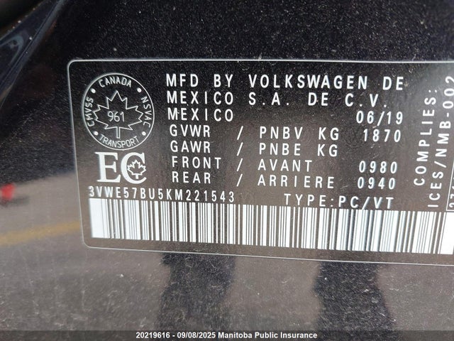 3VWE57BU5KM221543 Volkswagen 1.8 tsi