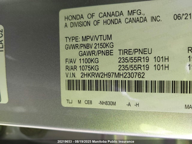 2HKRW2H97MH230762 Honda l15be
