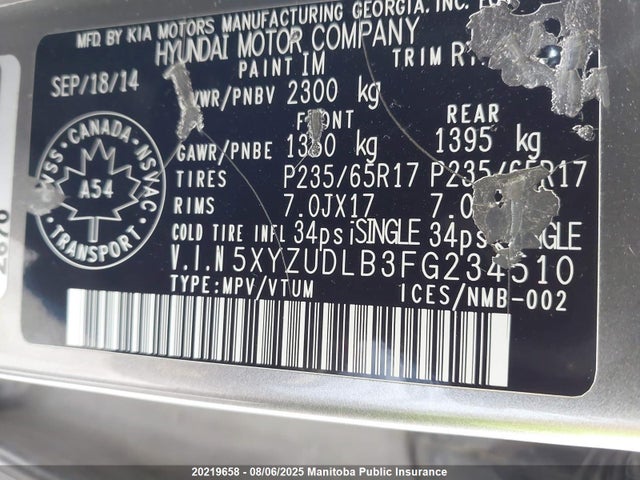 5XYZUDLB3FG234510 Hyundai dohc gdi theta ii