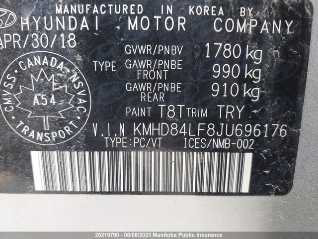 KMHD84LF8JU696176 Hyundai mpi nu