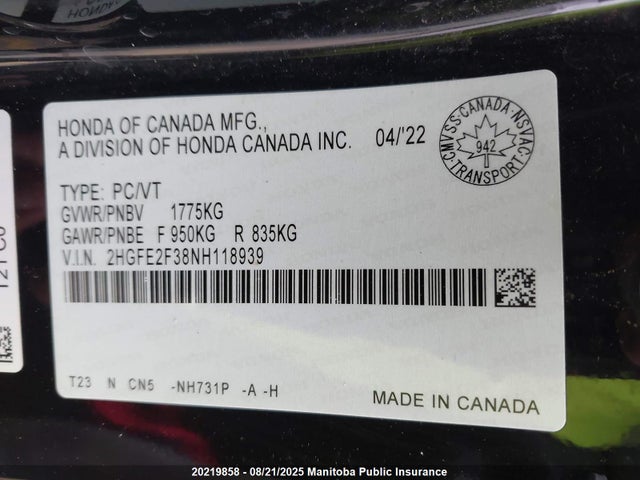 Honda 2022 2022 2HGFE2F38NH118939 Image 9