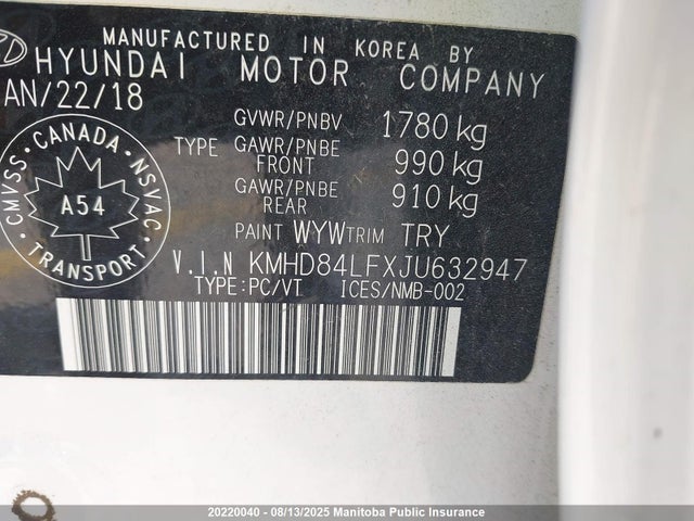 KMHD84LFXJU632947 Hyundai mpi nu