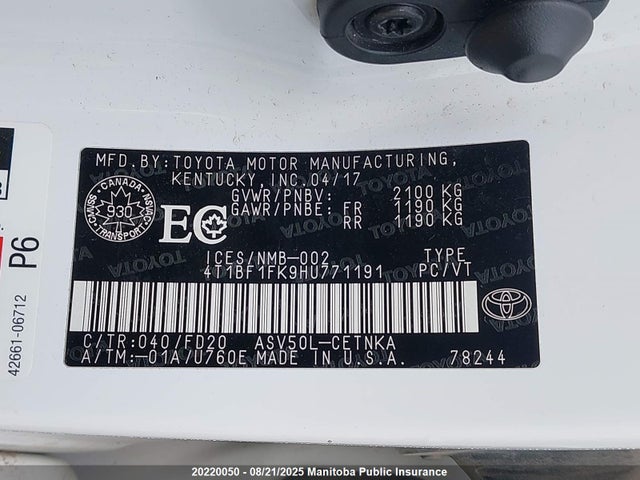 4T1BF1FK9HU771191 Toyota 2ar-fe