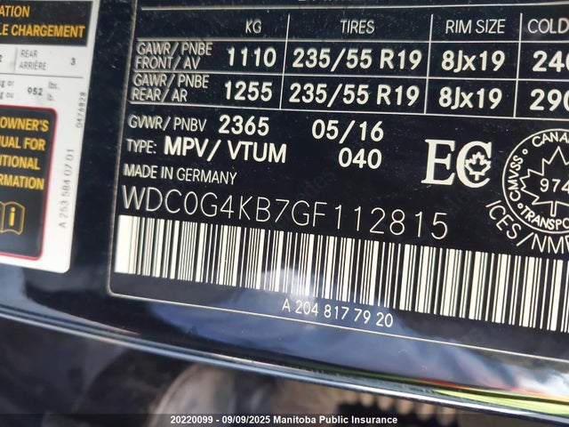 WDC0G4KB7GF112815 Mercedes Benz m274