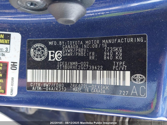 2T1BURHE2GC739422 Toyota 2zr-fe