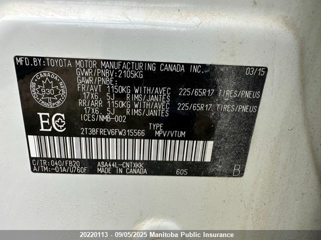 Toyota 2ar-fe 2015 2T3BFREV6FW315566 Image 9