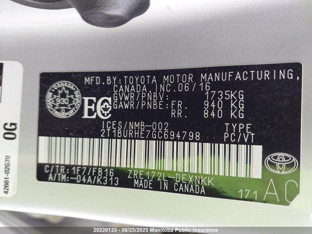 Toyota 2zr-fe 2016 2T1BURHE7GC694798 Image 9