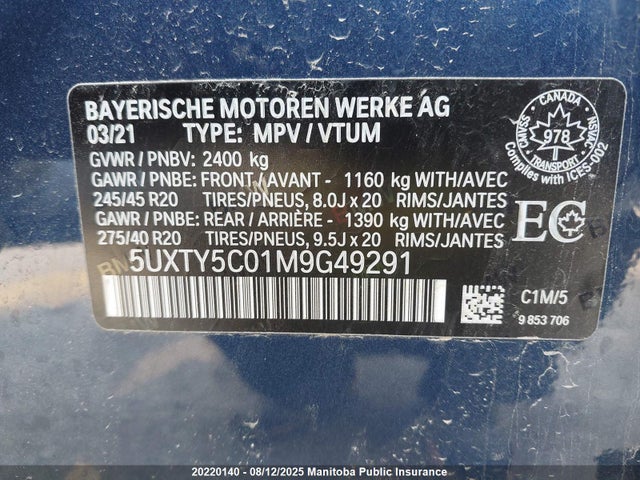 BMW X3 2021 5UXTY5C01M9G49291 Image 9