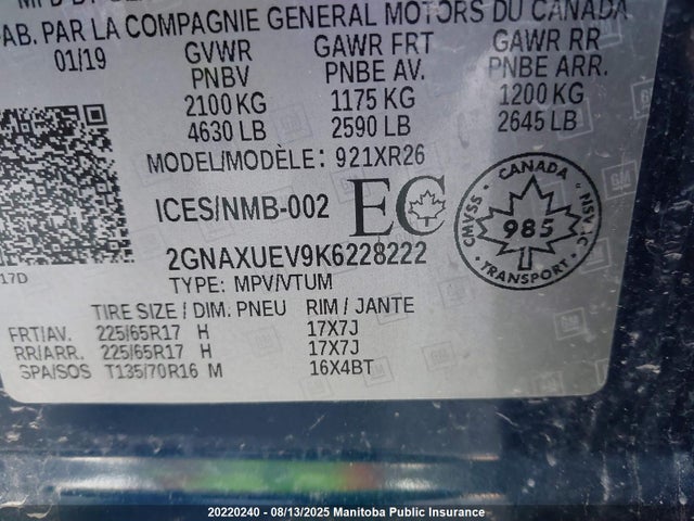 2GNAXUEV9K6228222 Chevrolet lyx - direct injection, vvt, fgt, turbo, alum, gen1