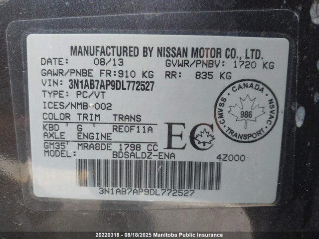 2013 Nissan Sentra 1.8 Sv მანქანა იყიდება აუქციონზე, vin: 3N1AB7AP9DL772527, აუქციონის ნომერი: 20220318