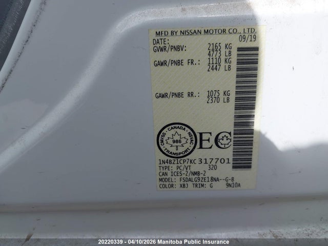 Aukcja sprzedaży 2019 Nissan Leaf Sl, vin: 1N4BZ1CP7KC317701, numer aukcji: 20220339