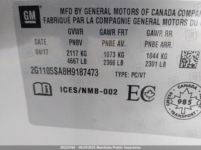 2G1105SA8H9187473 Chevrolet lcv -sidi: spark ignited direct injection, dcvcp, vvt: variable valve timing, e85 max, e0-e100, alum