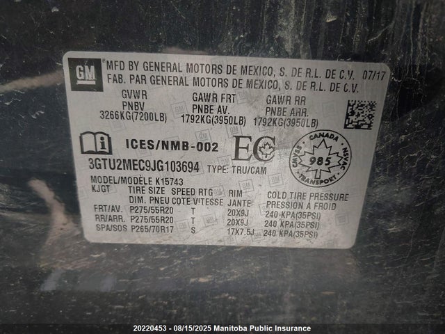 3GTU2MEC9JG103694 GMC l83 -spark ignited direct injection, variable valve timing, afm, e85 max, alum