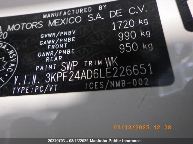 3KPF24AD6LE226651 KIA mpi nu