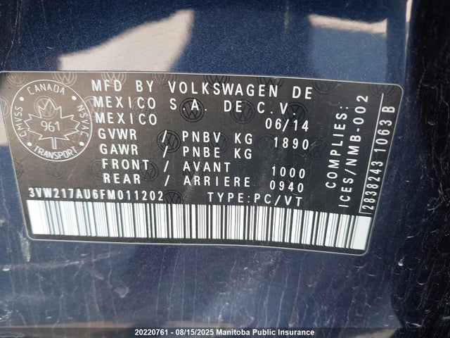 3VW217AU6FM011202 Volkswagen 2015