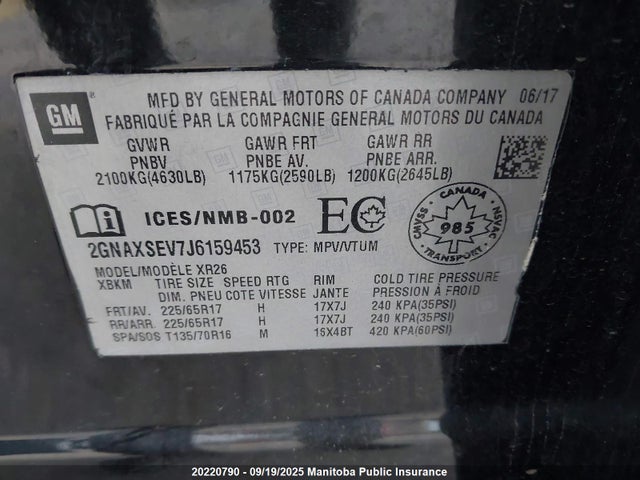 2GNAXSEV7J6159453 Chevrolet lyx - direct injection, vvt, fgt, turbo, alum, gen1