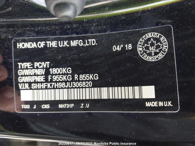 SHHFK7H98JU306820 Honda l15ba