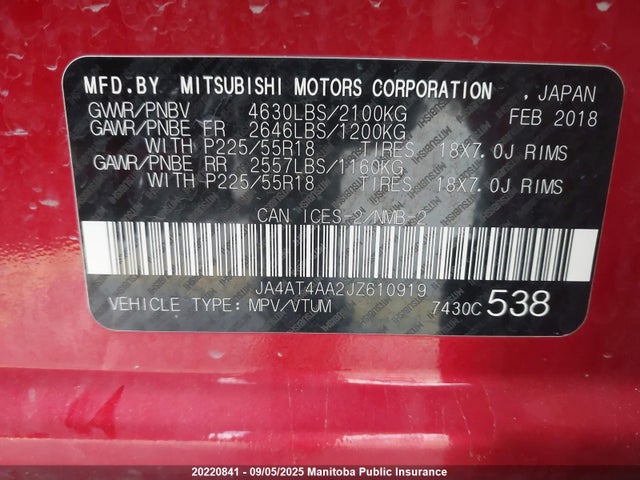 Mitsubishi tc/ic mivec 2018 JA4AT4AA2JZ610919 Image 9