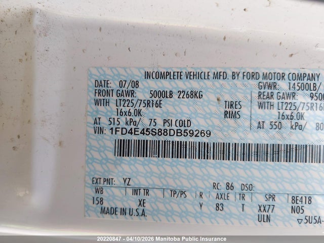 20220847 :رقم المزاد ، 1FD4E45S88DB59269 vin ، 2008 Ford E450 مزاد بيع
